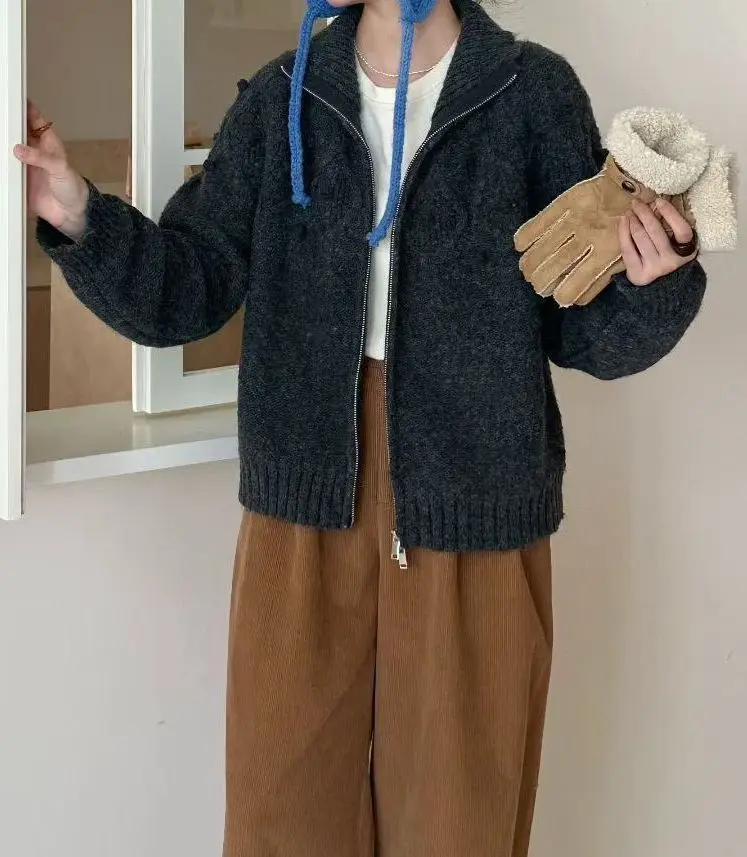 Kardigan Rajut Kerah Tinggi Bergaya Retro dengan Ritsleting Ganda dan Ujung Berlipat untuk Musim Gugur-Dingin