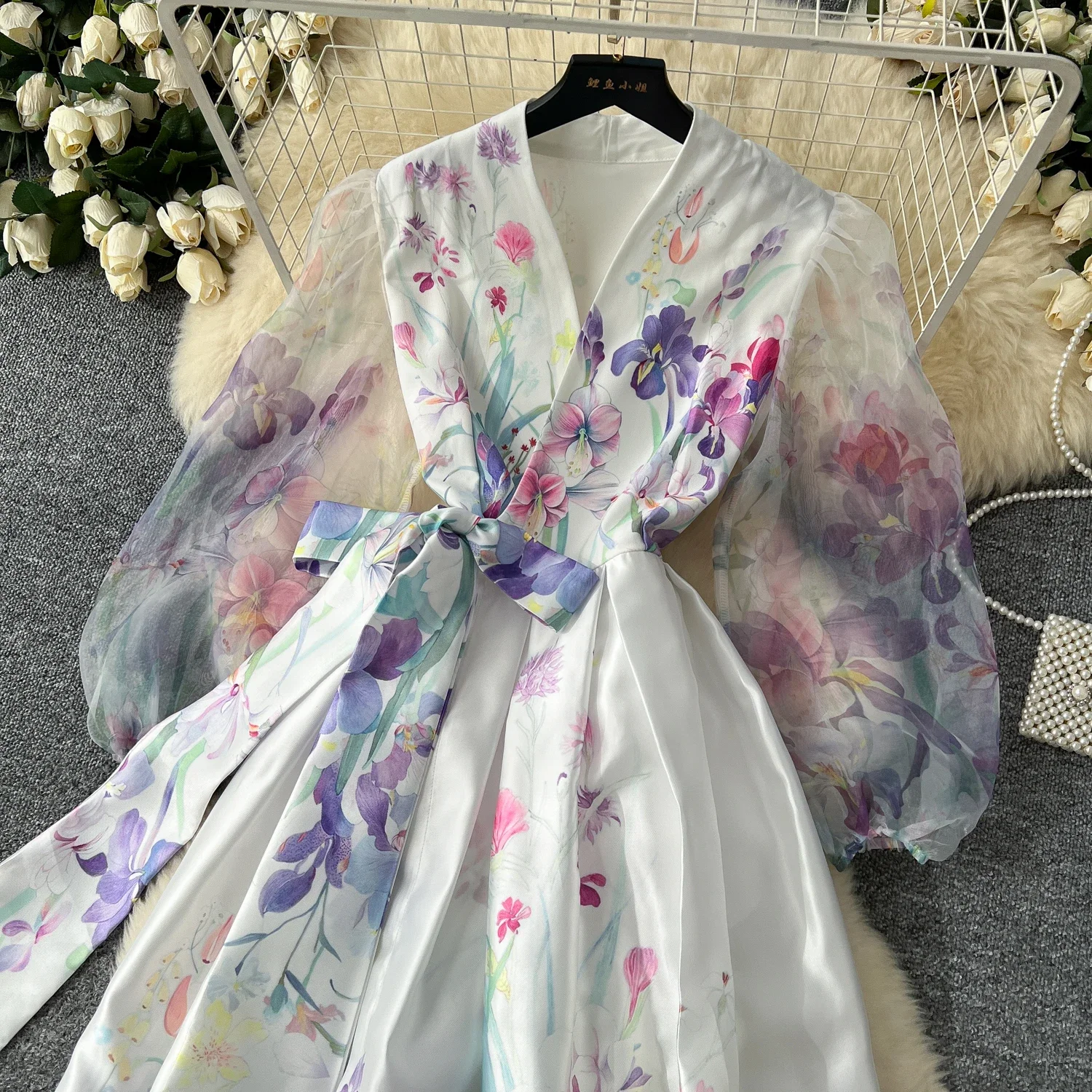 Bloemwikkeljurk Dames V-hals Lange lantaarnmouwen Chiffon Patchwork Dik satijnen bandage Lace Up Lange feestjurken