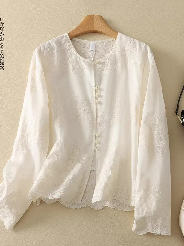 

Ele White Lace irt Women's round Ne Embroidery Heavy Embroidery Summer 2025 Faion Retro Sle Loose Fit Long Sve