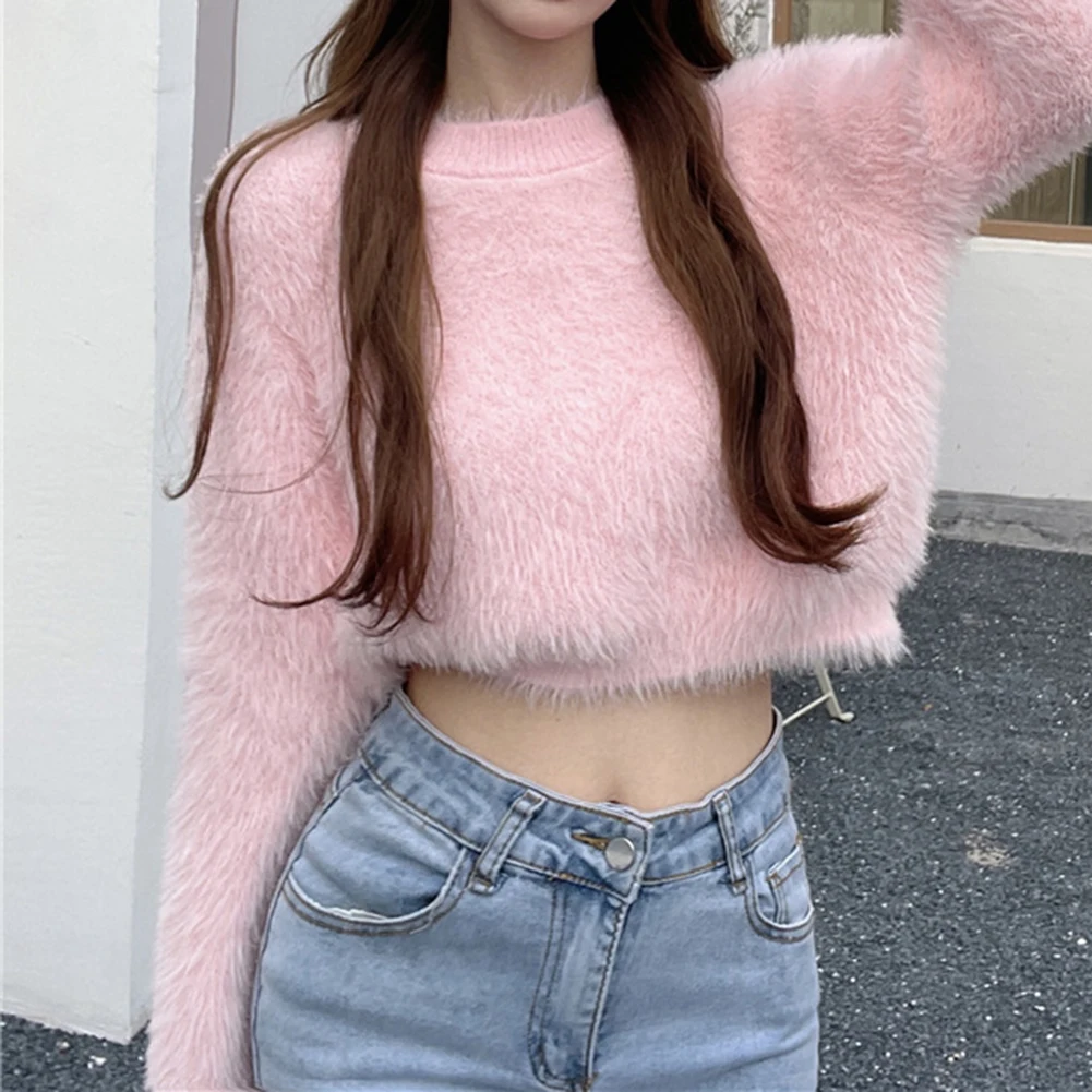 

Casual Wear Holiday Party Women Knitted Top Short Pullover Women Cozy Faux Mink Sweater Faux Mink Sweater White