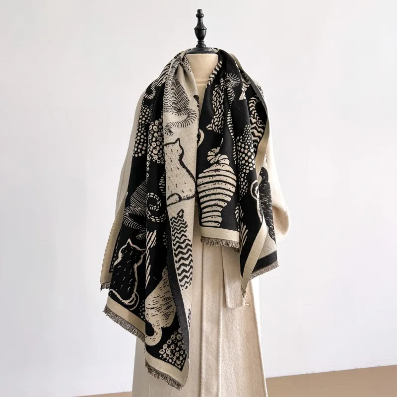 

Cross-border new abstract sketch kitten jacquard shawl autumn and winter fashion trend scarf European and American warm