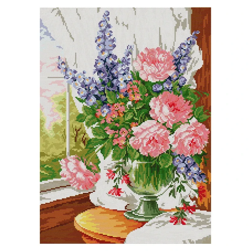 Joy Sunday Cross Stitch Kit Flowers on The Windowsill 14CT Printed Cross Stitch Embroidery Kits Floral Crosstitch Kit Needlework