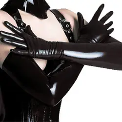 Catsuit noir en similicuir pour adultes, gants longs en latex, costume de club, fétiche sexy