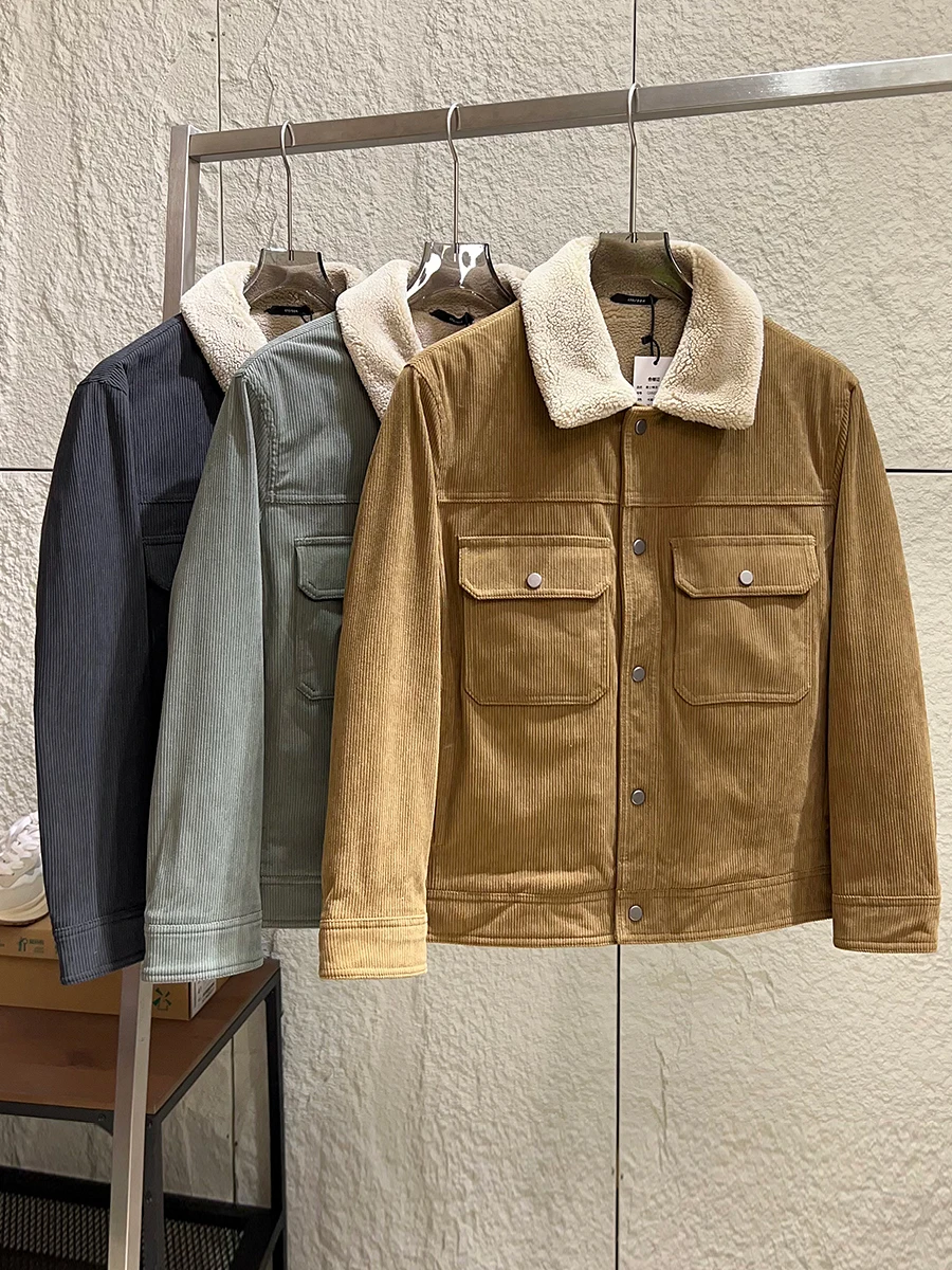 

Retro American Style Men's Fleece Lined Thick Corduroy Jacket Collared Casual Outerwear Warm Fashionable Autumn Winter Coat