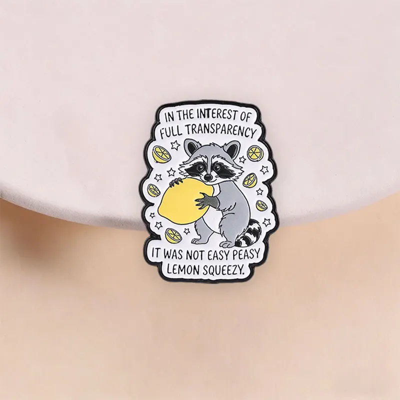 Raccoon Hugging Lemon With Slices And Stars Enamel Pin, Funny Animal Brooch For Fruit Lovers And Quirky Gift Style