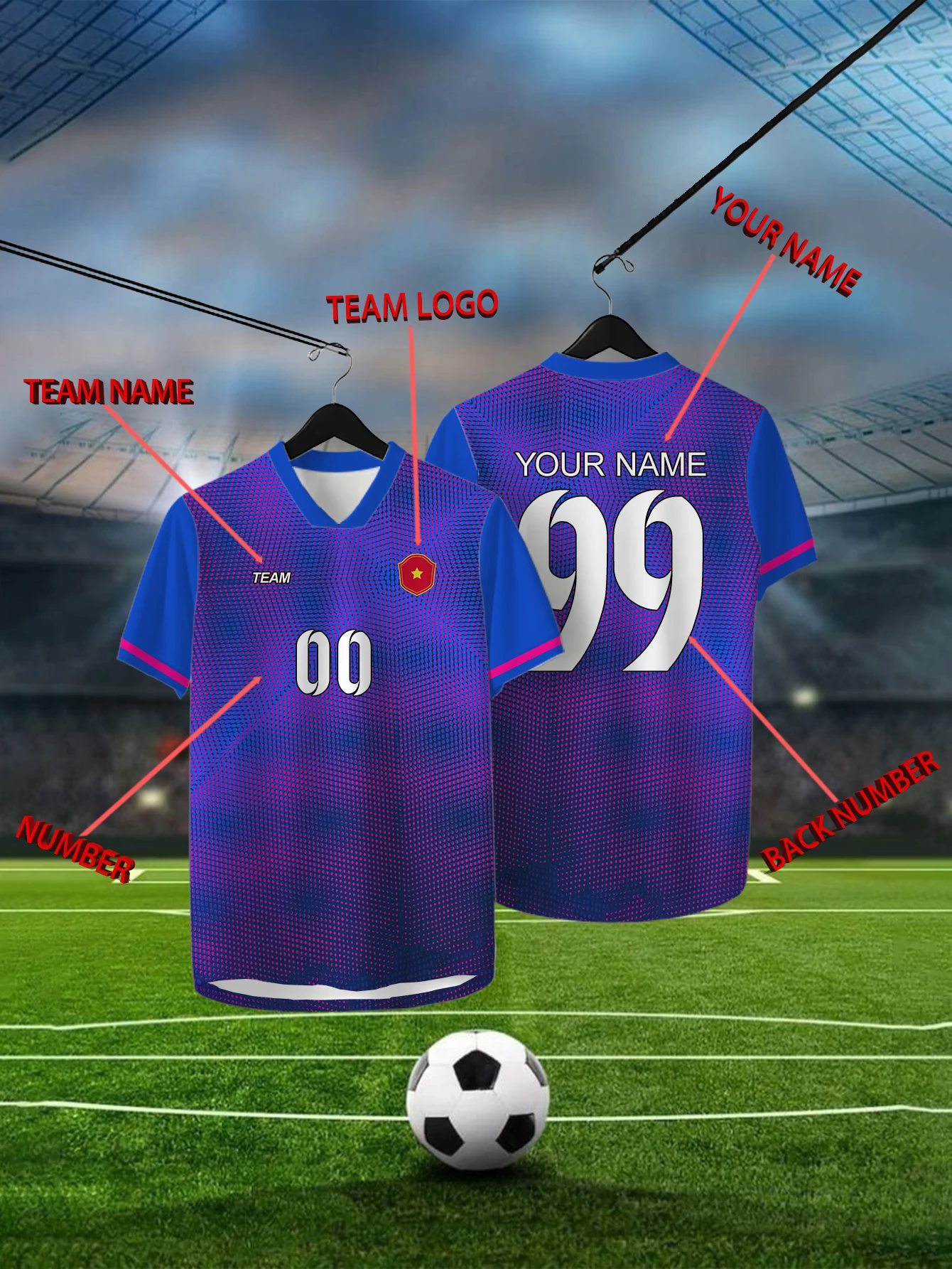 

Customized Geometric Blue Short Sleeved Shirt with Team Name, Emblem, Name and Number, Outdoor Sports Short Sleeved T-shirt