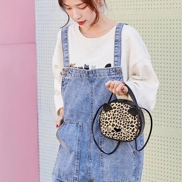 2023 Autumn New Korean Leopard Cat Small Round Bag Single Shoulder Oblique Cross PU Women\'s Bag Mobile Zero Wallet