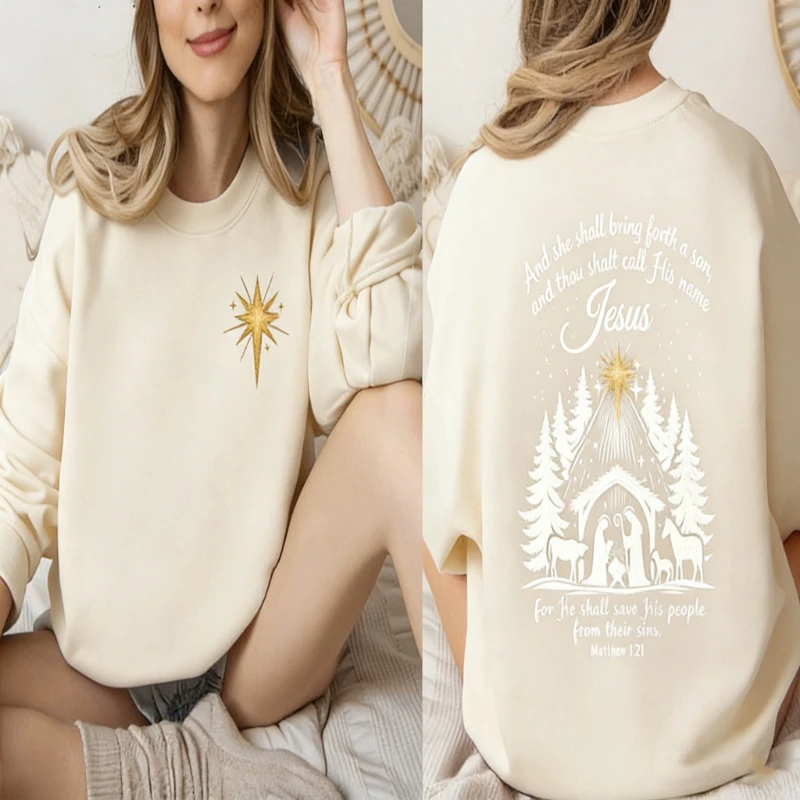 مشهد المهد امرأة مسيحية طويلة الأكمام البلوز قصة حقيقية المهد يسوع عاشق هدية الإيمان الديني مطابقة هوديس