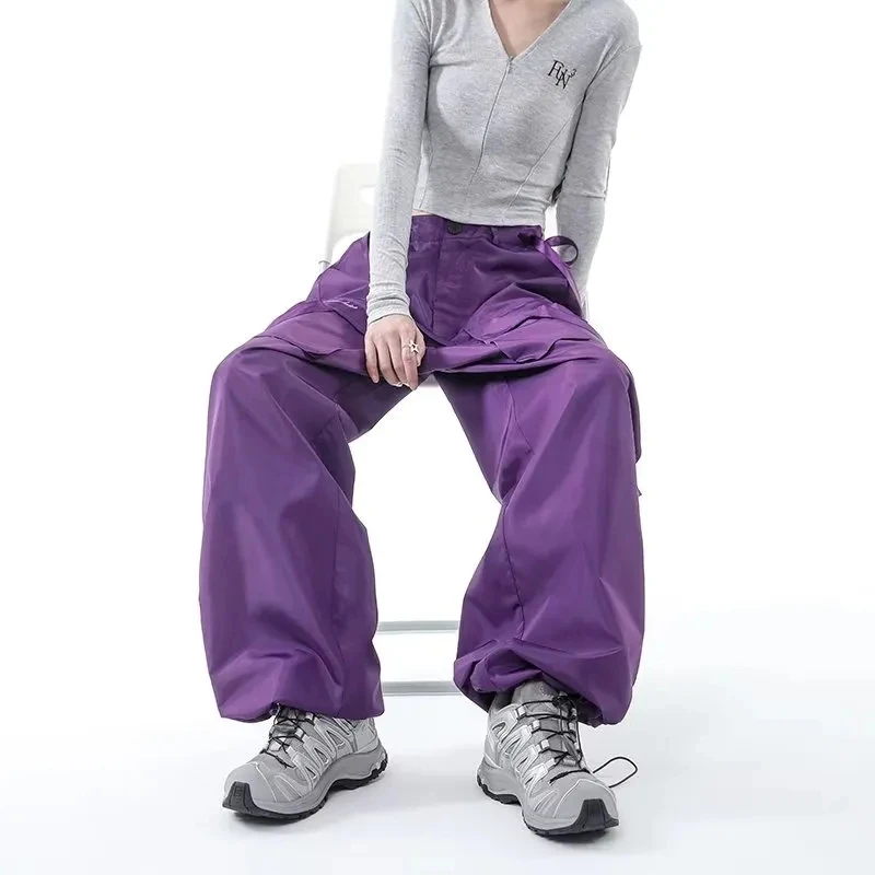 Hip Hop Streamer Purple Y2k Baggy Cargo Pants Women High Streetwear Vintage Trousers High-Waist Pockets Bunched Leg StreetPants