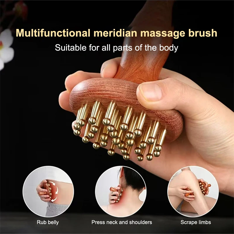 Brass Bead Massage Gua Sha Comb Meridian Brush Handle Point Massager Brush Durable Chinese SPA Acupoint Massage Tool