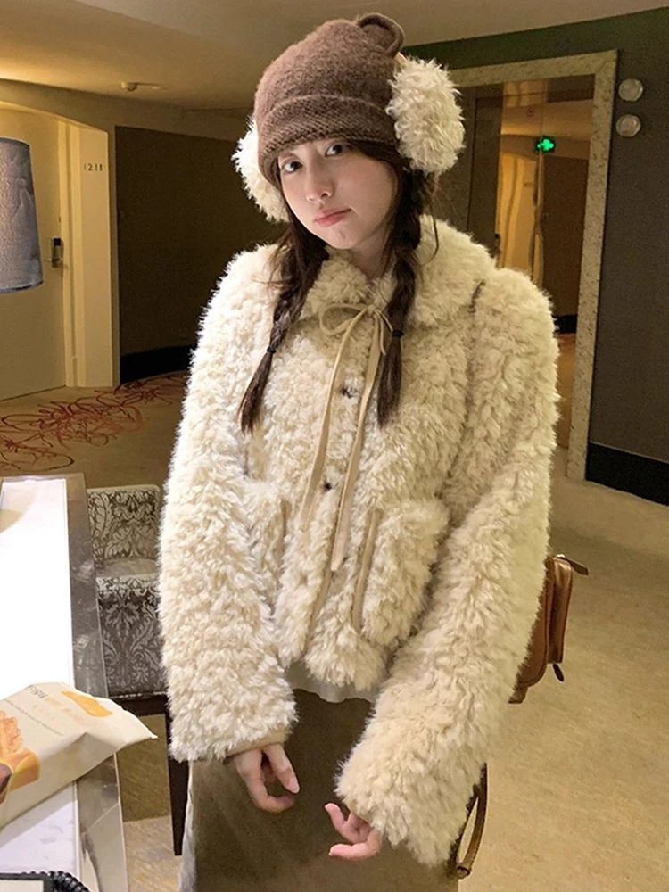 Winter Faux Lamb Cute Coat Women Slim Sweet Fashion Long Sleeve Kawaii Warm Jackets Casual Female Preppy Style Thick Outwear New