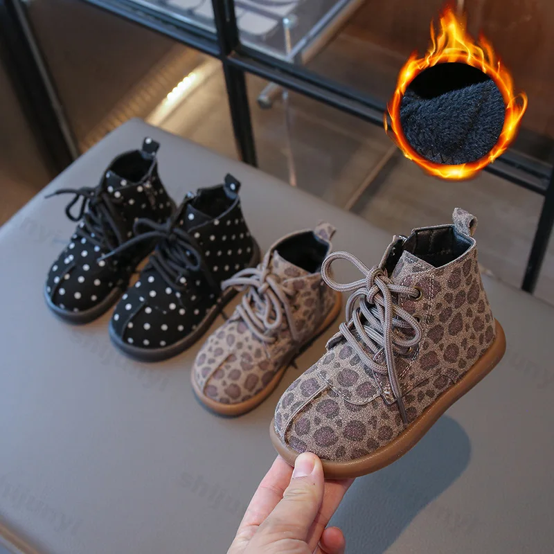 Girls' Leopard Short Boots 2025 Winter New Children Plush Thicken Comfort Casual Shoes Non Slip Lace Up Side Zipper Cotton Shoes