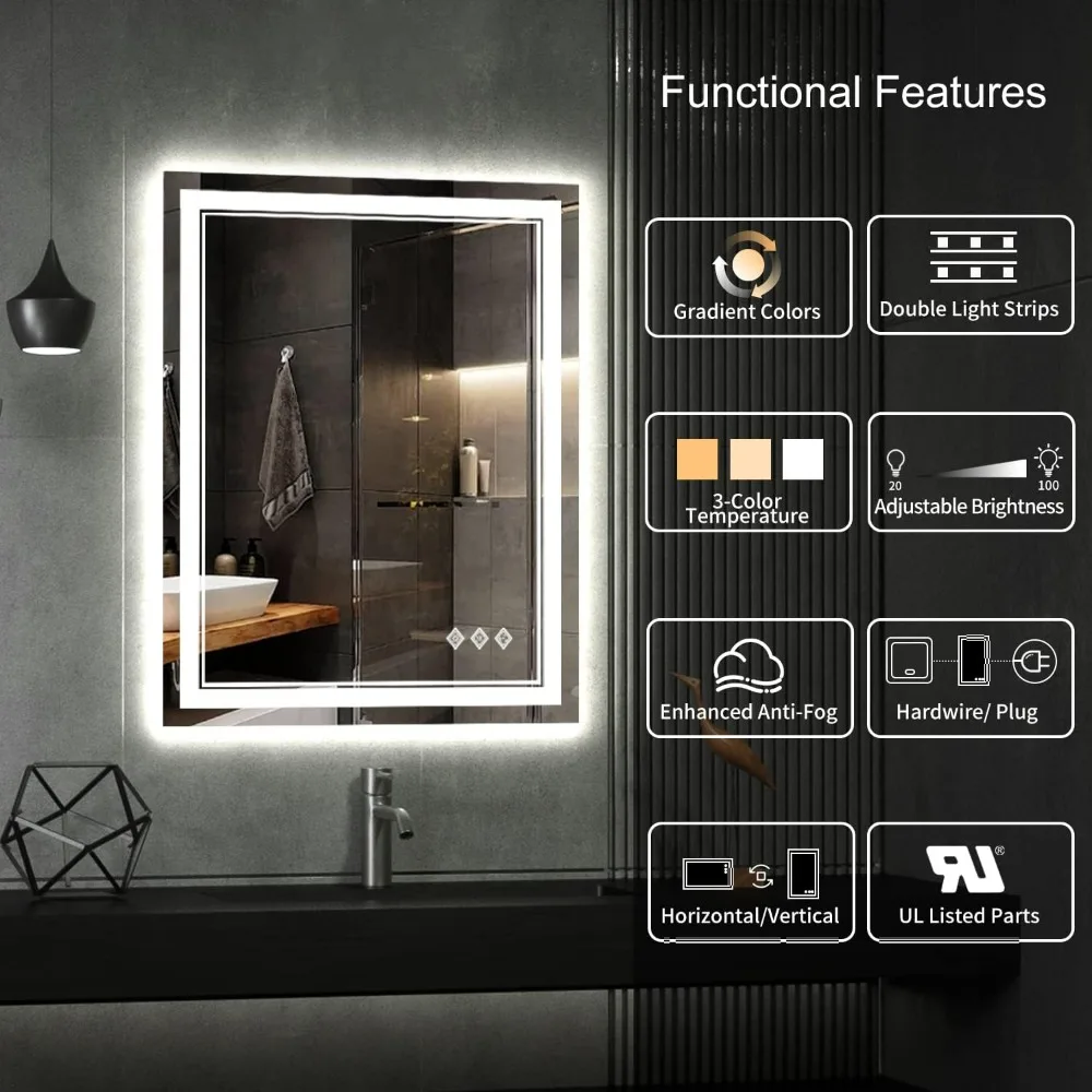 LED Bathroom Mirror, 24x32 Inch Gradient Front and Backlit LED Mirror, Enhanced Anti Fog, Hanging Plates Lighted Vanity Mirror