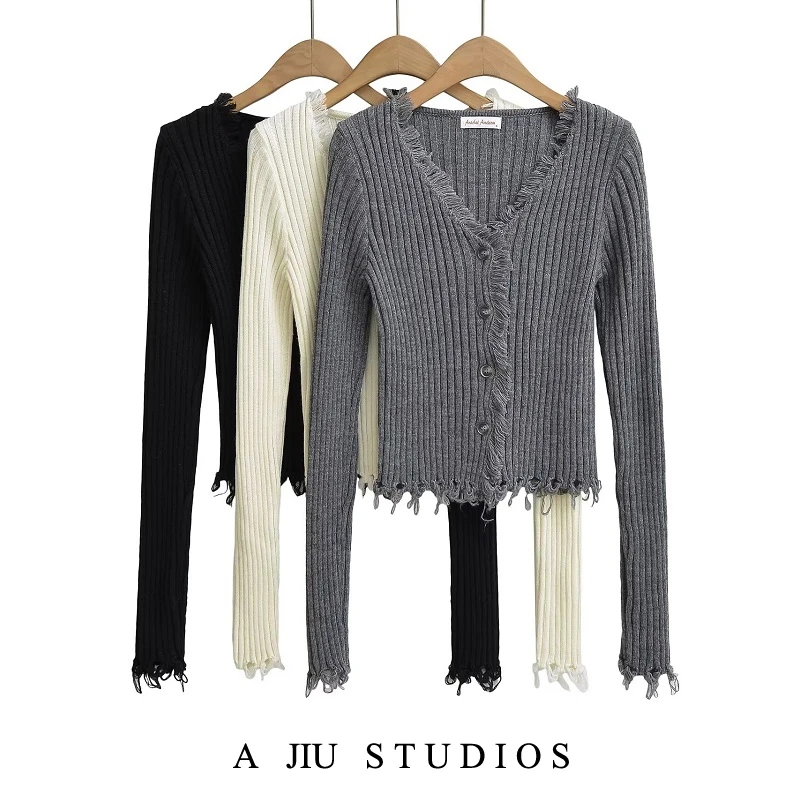 

Женский вязаный кардиган с V-образным вырезом и длинными рукавами, приталенный, однотонный, на весну-осень, в стиле Street Style