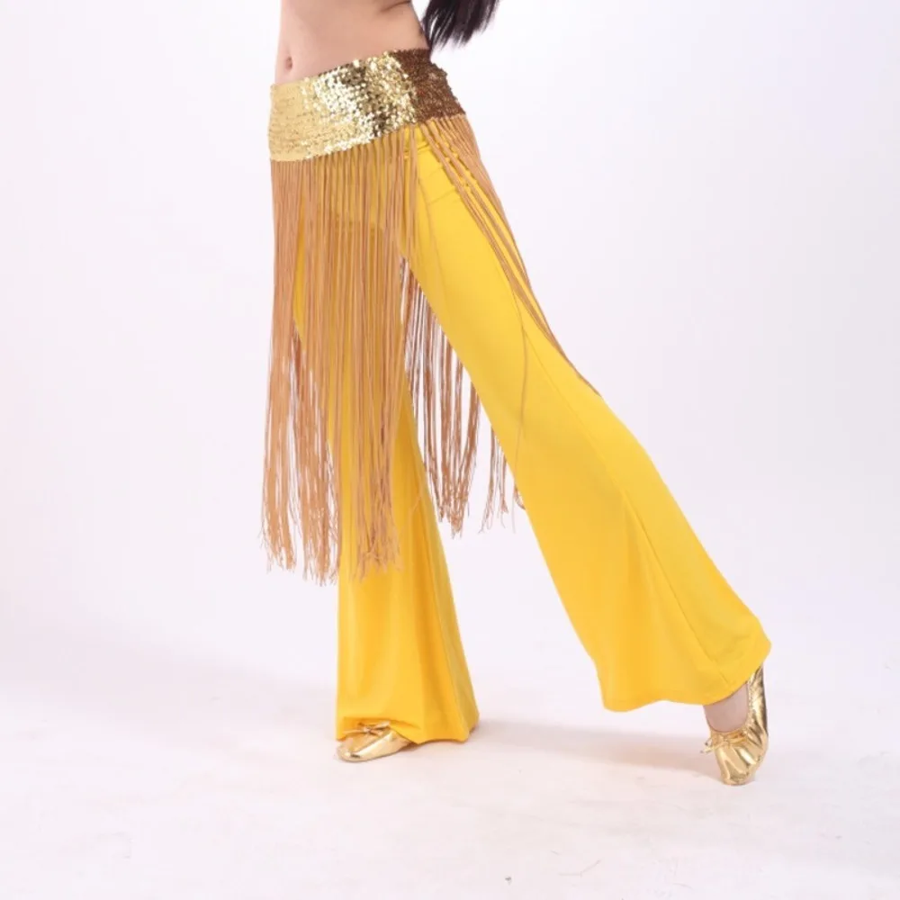 Stylish Glitter Sequins Belly Dance Belt Handmade Shiny Belly Dance Hip Scarf Long Tassel Wrap Skirt Stage Performance