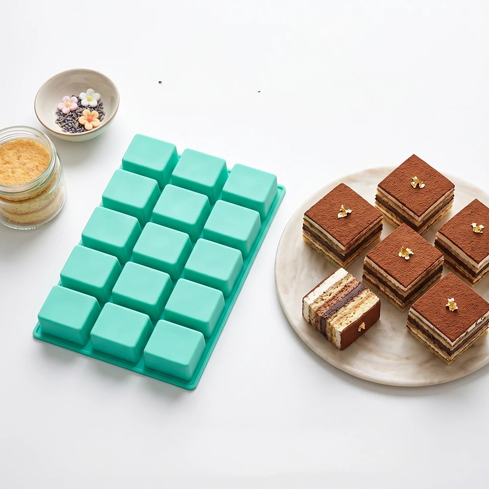 15 cavity long square shaped silicone mold for baking mousse cakes, 3D candy pastries, chocolate truffles, paper cupcakes, jelly view 3