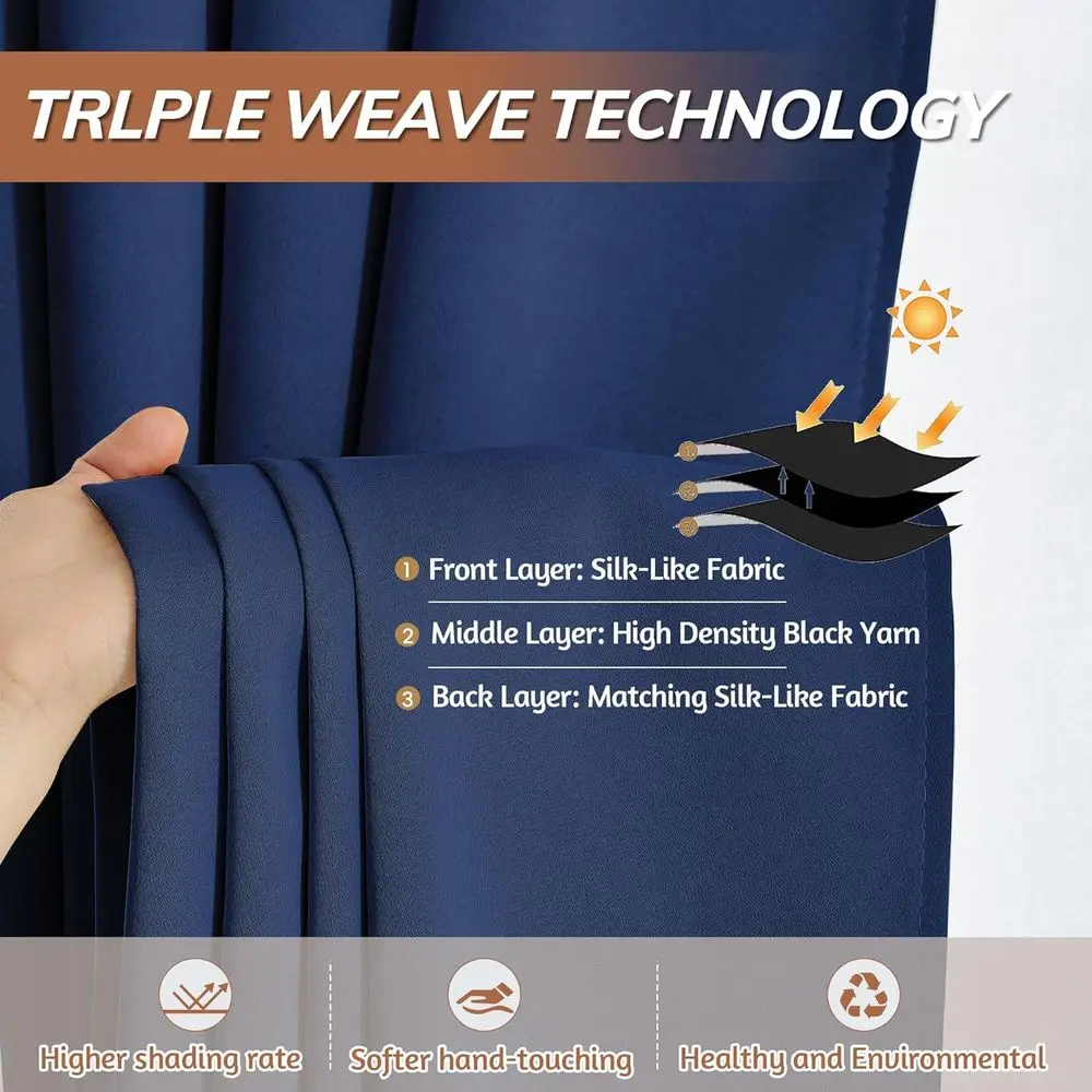 Gorden Kedap Suara Navy Blue 12 kaki Panjang, 144 Triple-Weave untuk Ruang Tamu dengan Plafon Tinggi