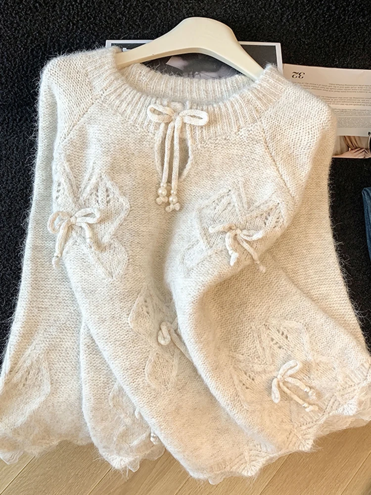 

Свободный длинный вязаный свитер для женщин, весенний модный топ с узлом, базовая одежда, утепленный круглый вырез, пуловер