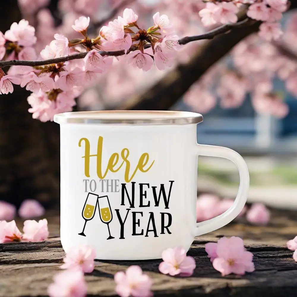 

Cheers To The New Year Print Enamel Mugs Happy New Year Party Wine Beer Coffee Cups Dessert Hot Cocoa Handle Cup New Year's Gift