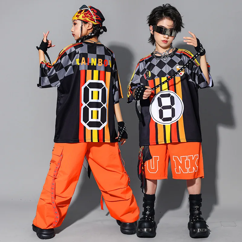 Ragazzi Hip Hop Moda K-pop Top a righe Pantaloni cargo arancioni Ragazze Pantaloncini da ballo di strada Abiti Gruppo Streetwear Set di vestiti jazz