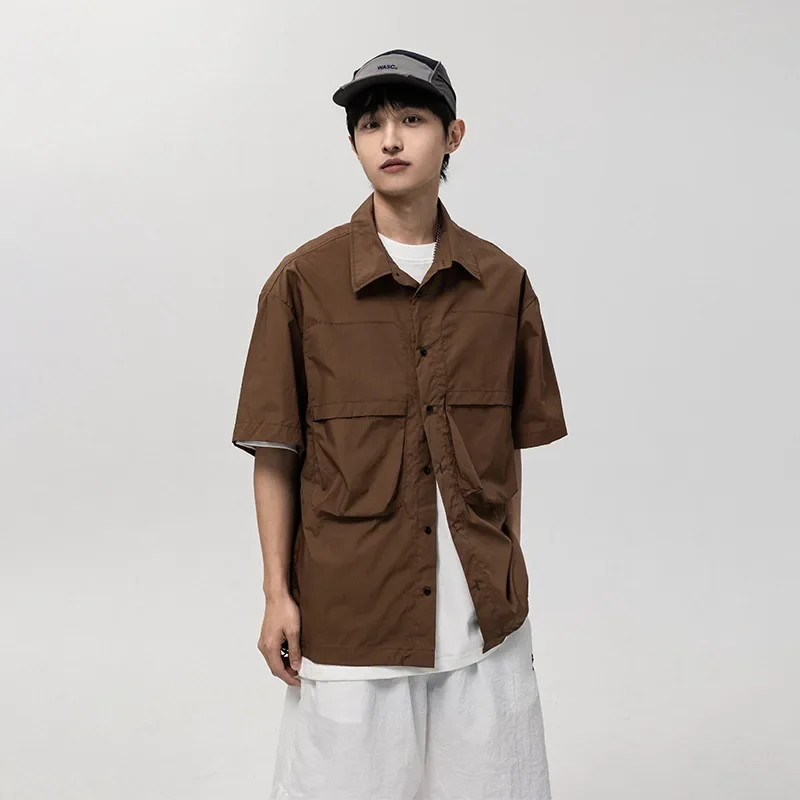 

Casual Lapel Shirt Fashionable Retro Design Top New Solid Color Big Pocket Loose Short-sleeved Shirt Men's Japanese Style