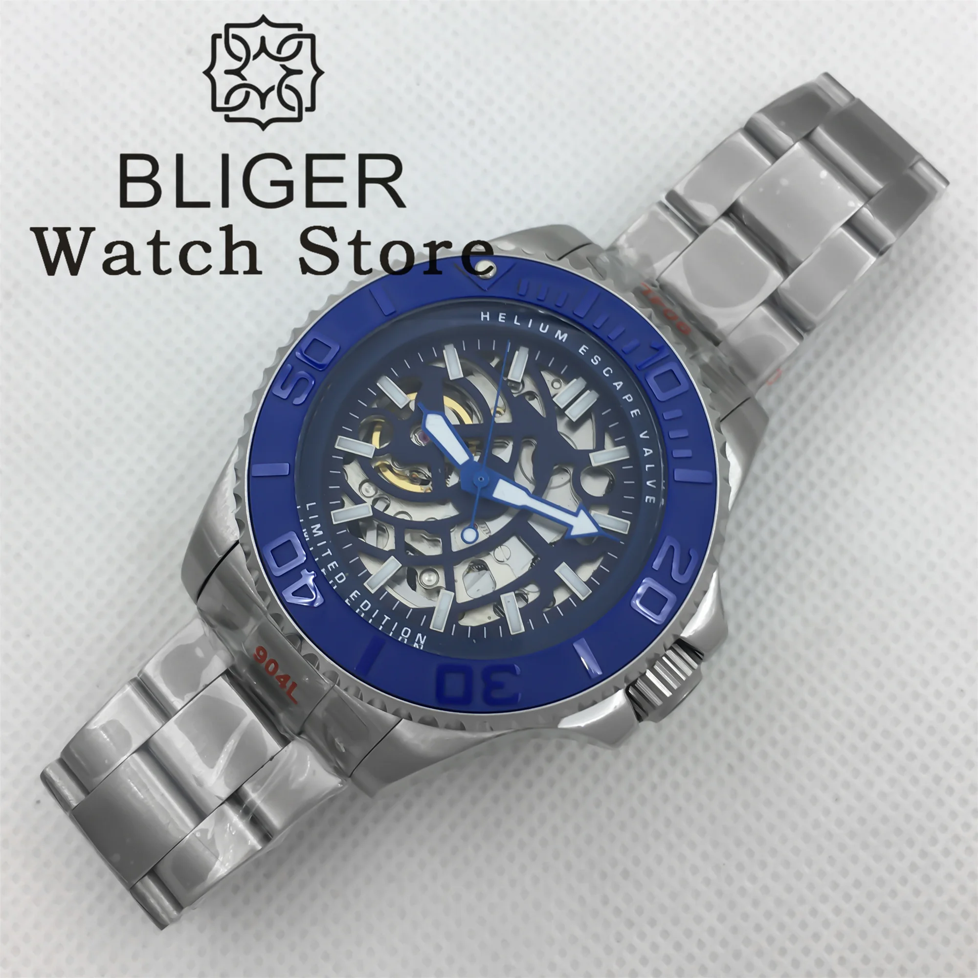 BLIGER 43 مللي متر الهيكل العظمي المجوف NH70 ساعة للرجال الصلب غواص ساعة فاخرة اليد الزرقاء Reloj Hombre عميق مقاوم للماء 904L سوار