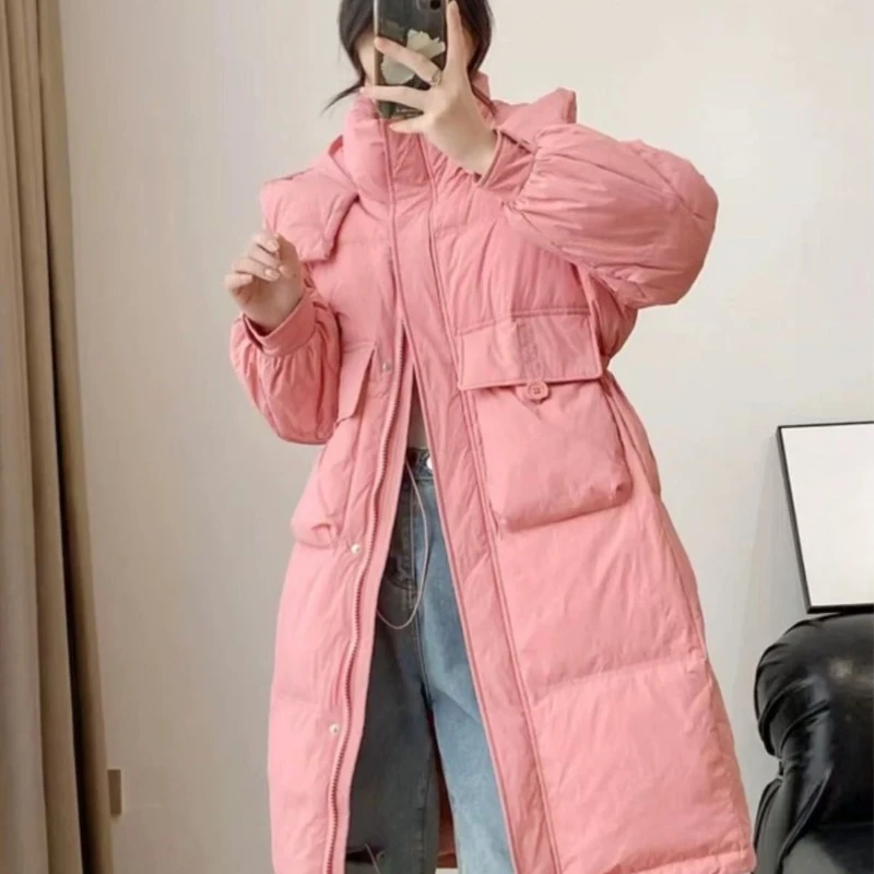 

Women's Mid Length Hooded Down Coat 2025 New StyleThermal Jacket with Pockets Windproof Warmth for Outdoor Activities