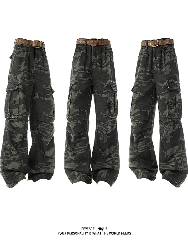 

Camouflage Wide Leg Workwear Jeans Men's American High Street Big ket Pleated Paratrooper Pants Straight Wide Leg Knife Pants
