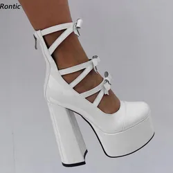 Rontic Handmade Women Spring Platform Ankle Boots Chunky Heels Round Toe Pretty White Pink Beige Green Dress Shoes US Size 5-15