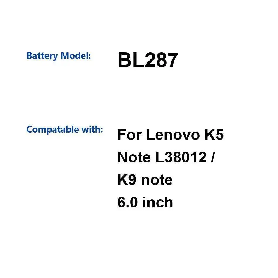 

3760 мАч для Lenovo K5 Note L38012 K9, 6,0-дюймовый аккумулятор мобильного телефона BL287, замена премиум-класса