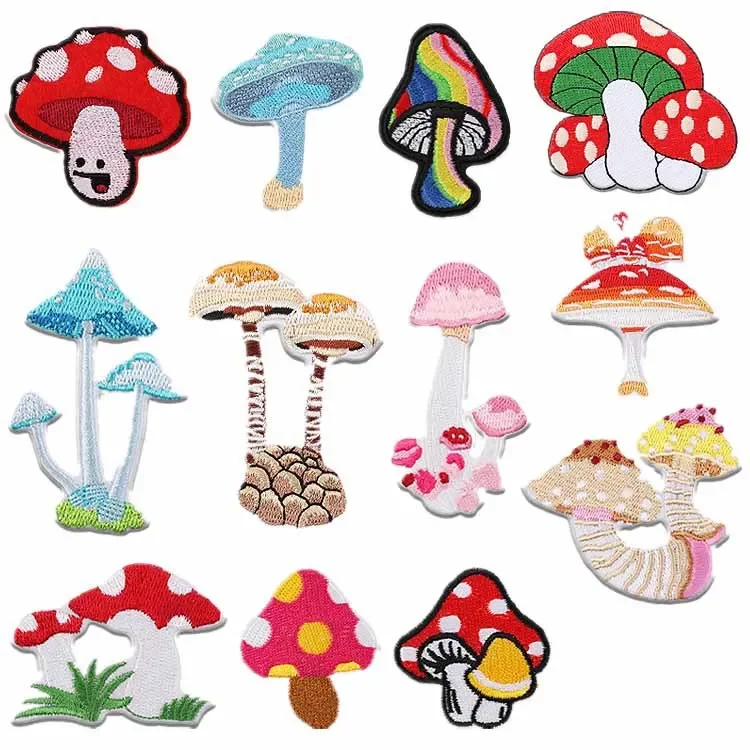 Embroidered Patch Iron On Patches for Clothing Pocket Mushroom Clothes Stickers Fabric Sewing Thermal Adhesive Applique Fusible