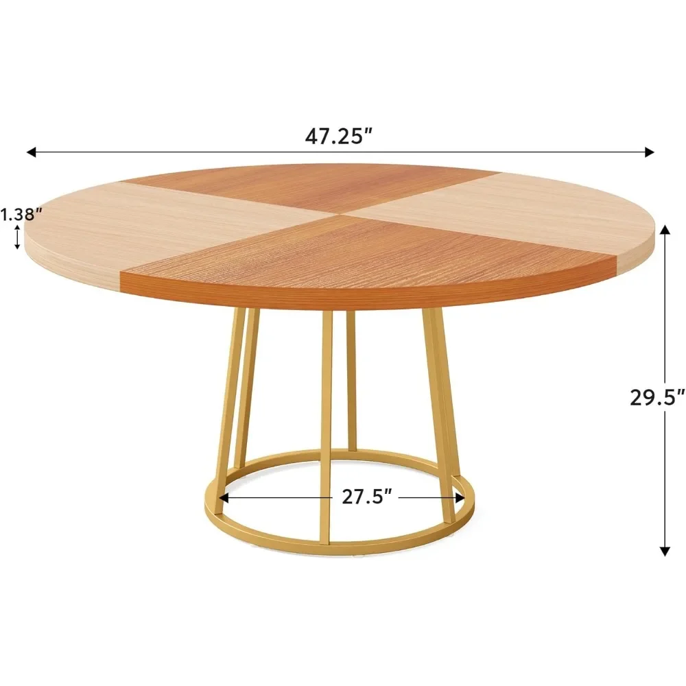 Round Dining Table for 4, 47 inch Kitchen Table Large Dinner Table with Circle Metal Base Wood Grain Top for Home Kitchen