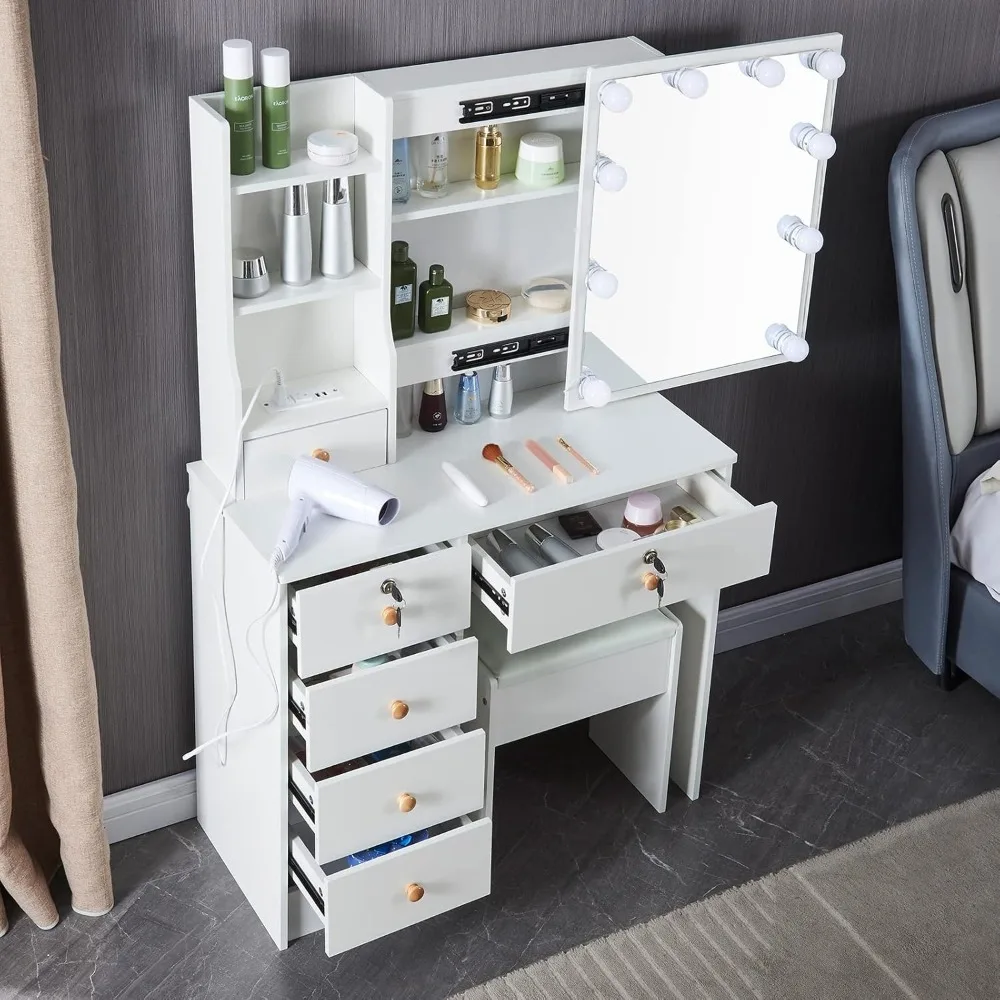 Makeup Vanity with LED Mirror & Power Outlet, White Makeup Vanity Set, Clearance Makeup Vanity with 3 Lighting Colors, Brightnes