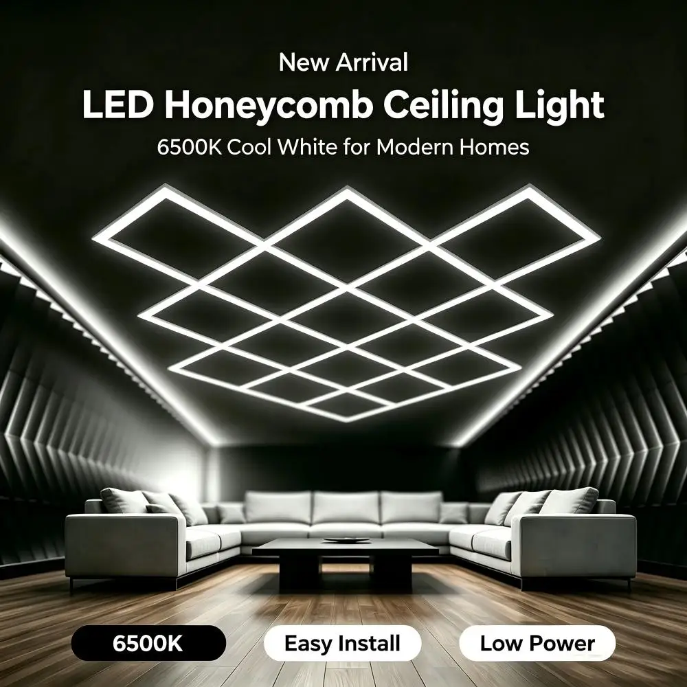 Hexagon Honeycomb LED Ceiling Light 6500K Cool White Wide Voltage 110-240V Easy Install Garage Car Workshop Uniform Lighting