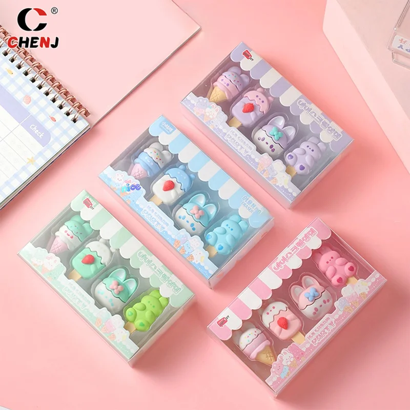 4Pcs Cute Cartoon Dessert Bunny Eraser Creative Rubber Eraser Kawaii Ice Cream Pencil Erasers Student Stationery Office Supplies