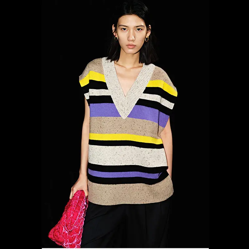 XIMIAN APPAREL 2026 YAZHIMEI Traf cos Autumn new style of Ladies' V-neck multi-color striped loose sleeveless knitted vest