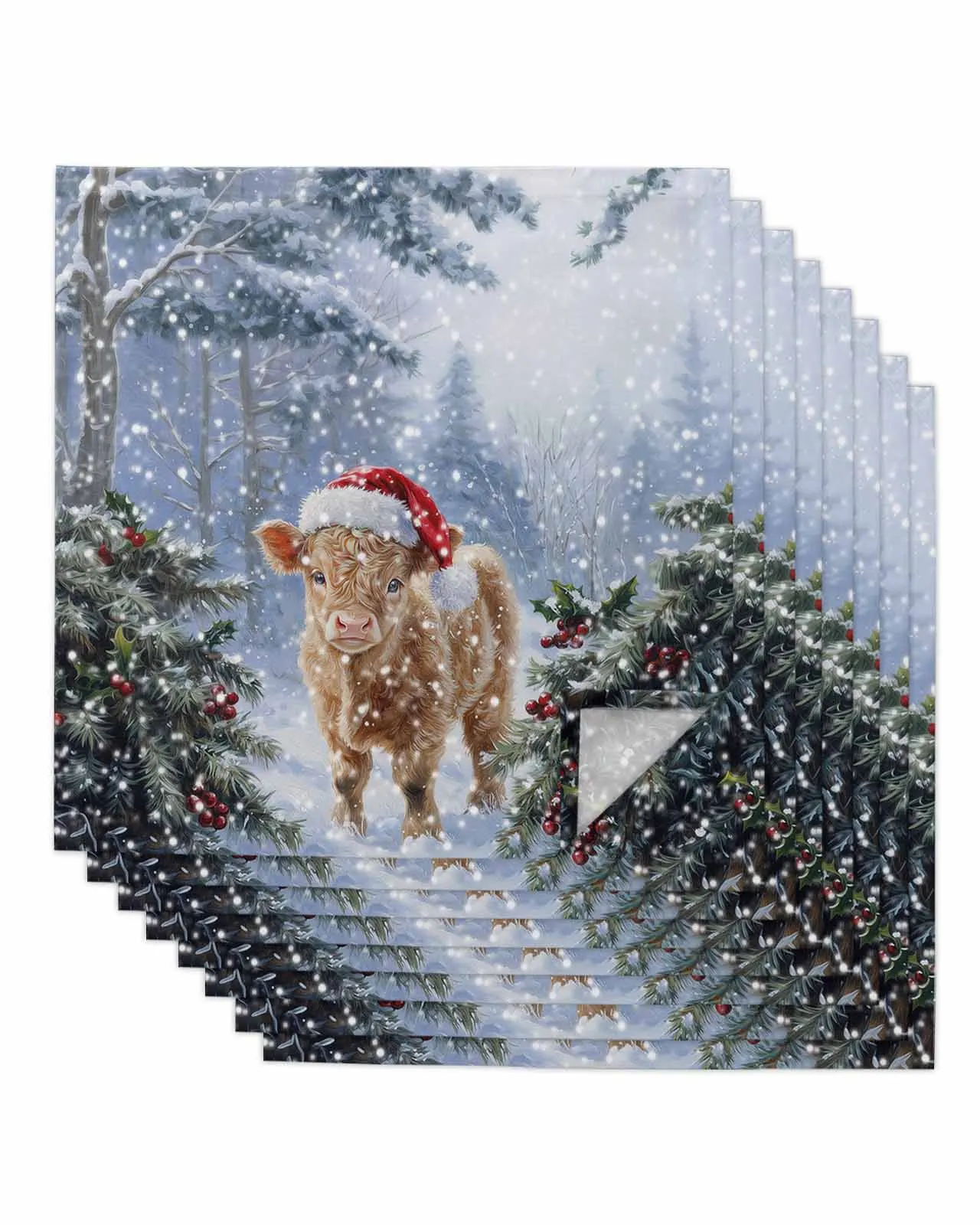 4pcs Oil Painting Christmas Hat Highland Cow  Table Napkins Cloth Set Kitchen Dinner Tea Towels Table Mat Wedding Decor Napkins