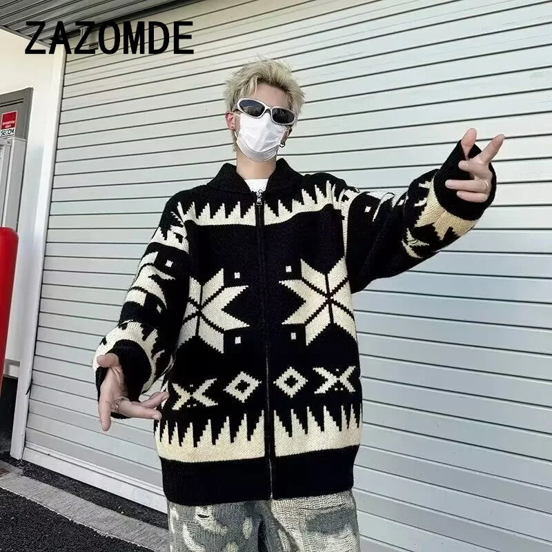 ZAZOMDE Men Knitted Cardigan Sweaters Turn Down Collar Warm Sweater Coats Autumn Winter Contrast Sweaters Jackets Knitwear Coat