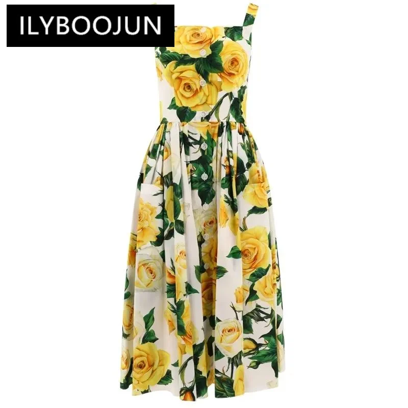 

ILYBOOJUN Fashion Designer Spring Cotton Dress Women Spaghetti Strap Single Breasted Floral Print Vintage Backless Midi Dresses