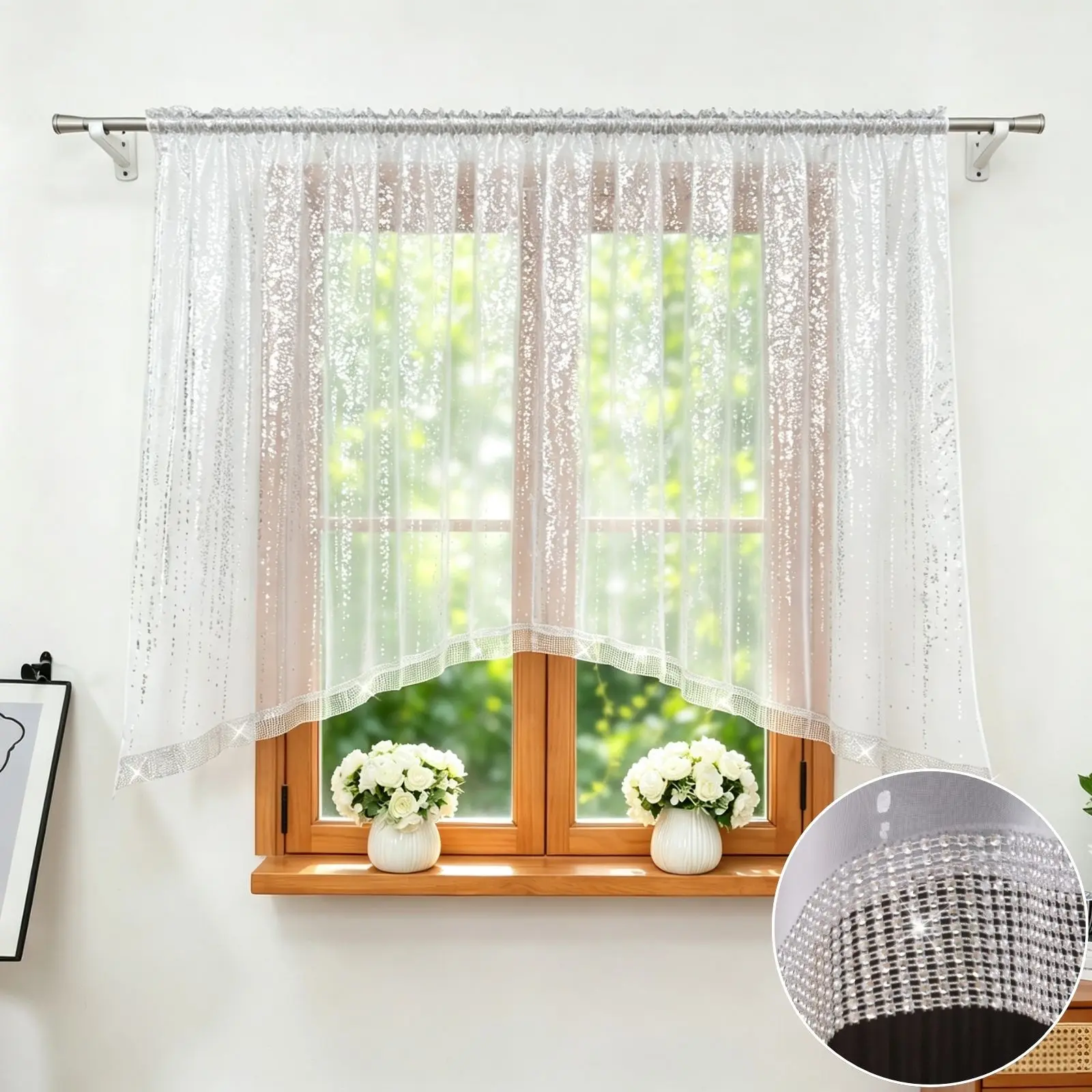 1 Stück Gardinen mit Stangeneinschub und silbernen Regentropfen-Pailletten, lichtfilternder Fenstervorhang, für Wohnzimmer, schönes Einweihungsgeschenk