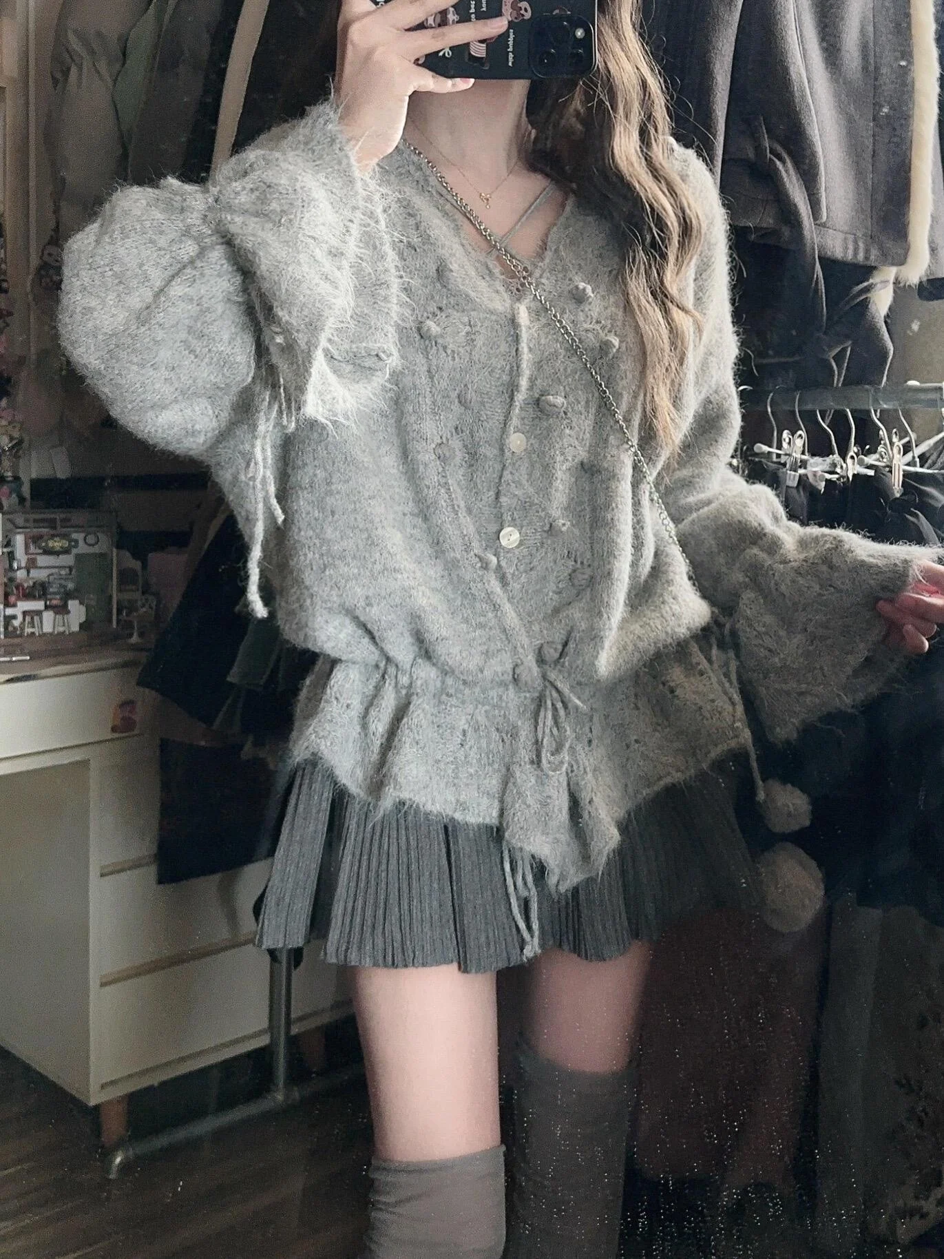 Gray V-Neck Hollow out Knitwear Cardigan Women's Loose Lazy Style Long Sleeve Drawstring Spring Autumn Top