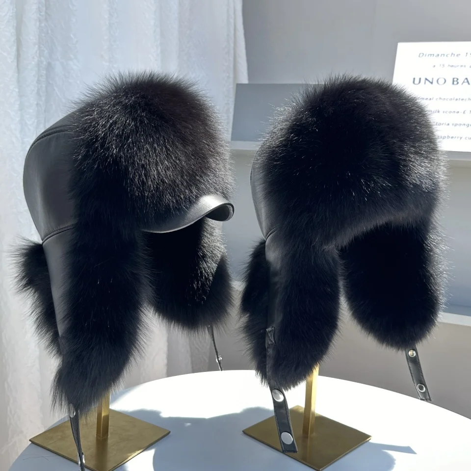 New 100% Genuine Fox Fur Ear-Protecting Hat Men Real Raccoon Fur Hat Women Winter Warm Fur Real Sheep Leather Snow Hat