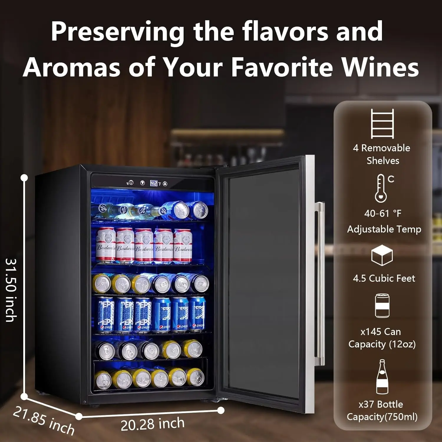 37 Bottle Wine Fridge,Freestanding 145 Can Beverage Refrigerator with Smart Temperature Control