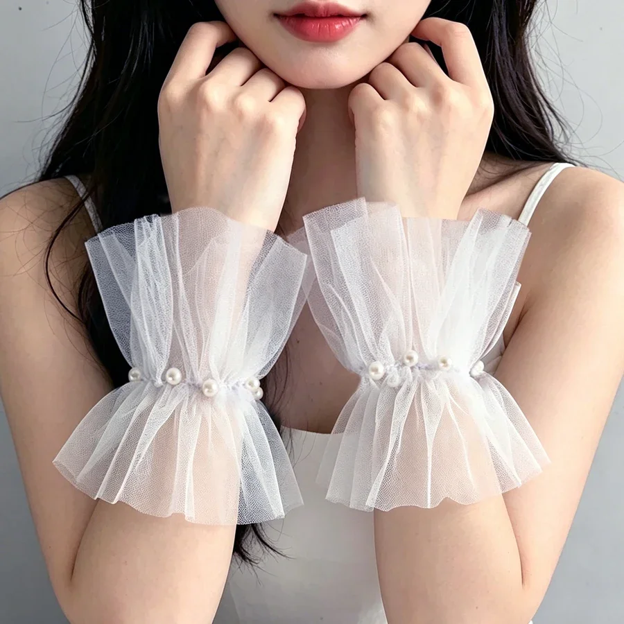 Elegant Wedding Sheer Mesh Wrist Cuffs Pair of Beaded Tulle Sleeve Cuffs for Bride Photo Props And Styling Accessories