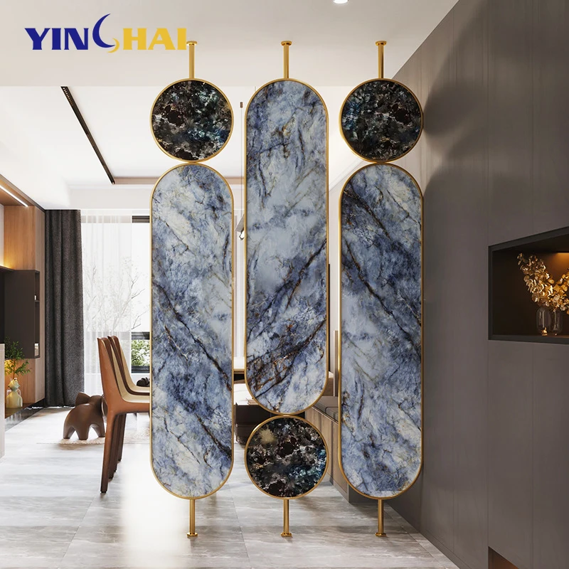 Custom Size Modern Circular Oval Marble Stainless Steel Metal Frame Screen Partition Divider For Living Room Wall Dividers