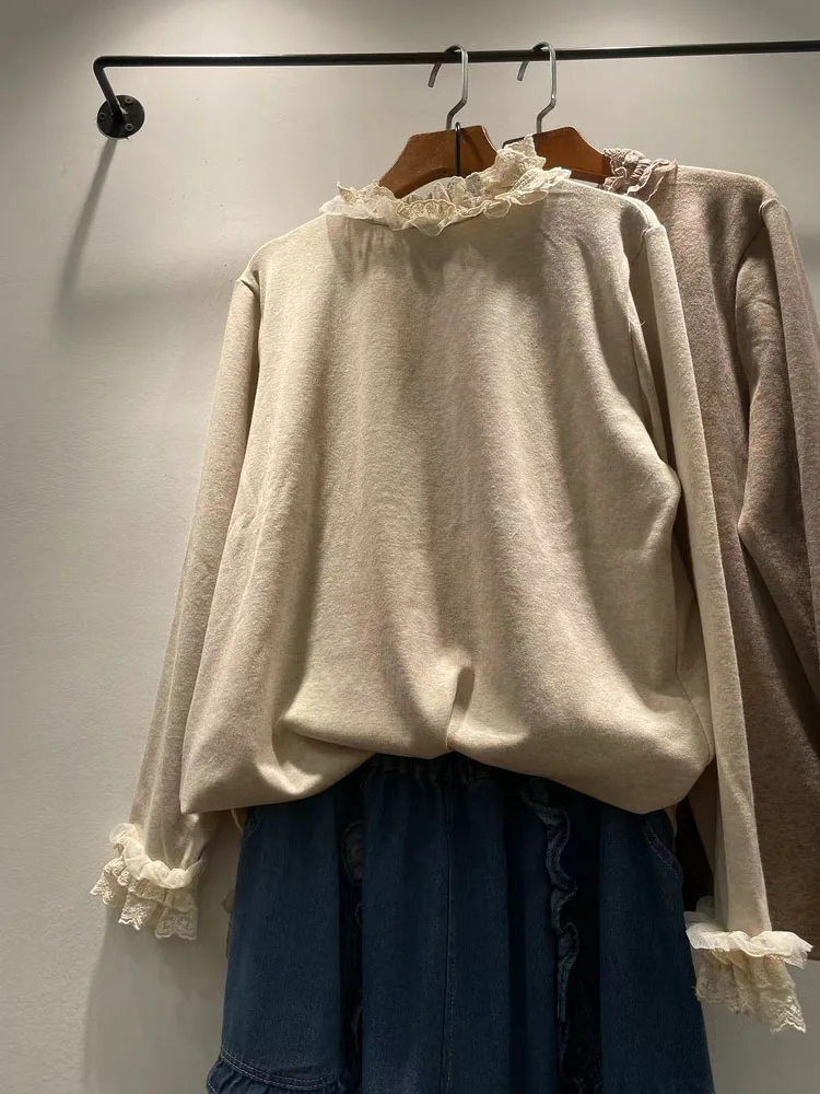 

Loose Long Sve round Ne T-irt Women's Base irt Floral Trim Autumn Winter Cotton Cute Sle Faionable Layering Top