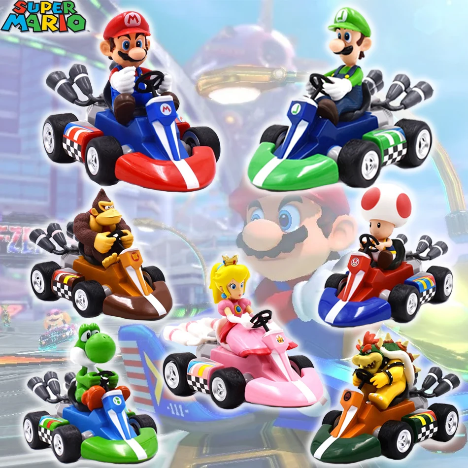 Super Mario Pull Back Car Green Yoshi Donkey Kong Bowser Luigi Toad Princess Peach Action Figure Toys Anime Game Doll Kids Gifts