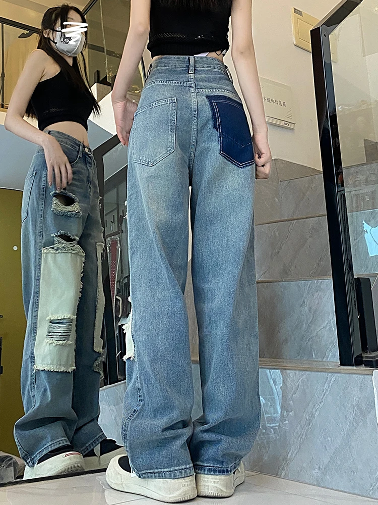 Vintage Women Patchwork Denim Pants Holes Ripped Streetwear Pocket High Waist Fashion 2023 Summer New Wide Leg Straight Jeans