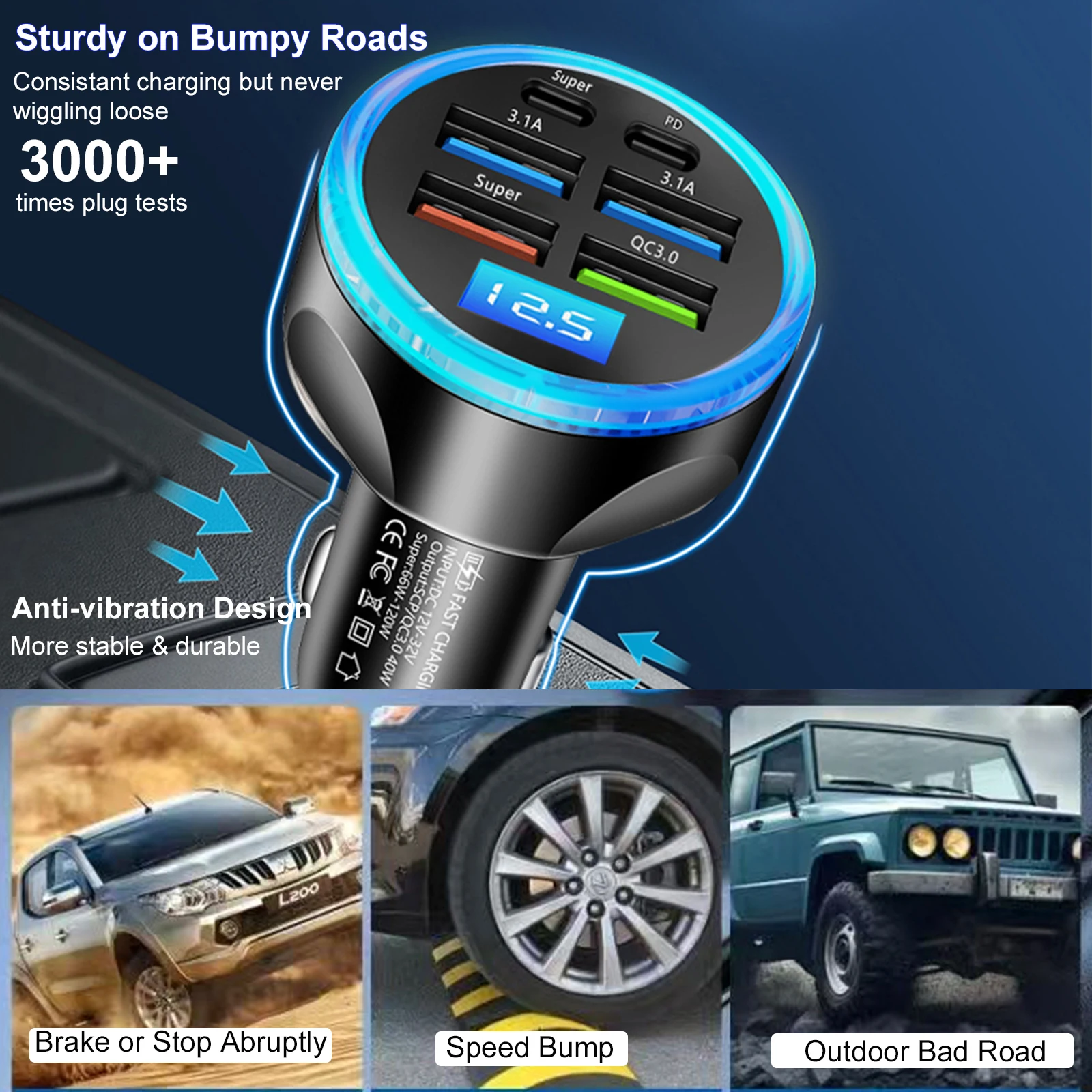 Adaptador Tipo C USB C de 6 Puertos, Cargador para Auto para iPhone 17 16 15 14 Pro Max Plus, Carga Rápida Súper Rápida con Pantalla LED Digital, PD 30W 6