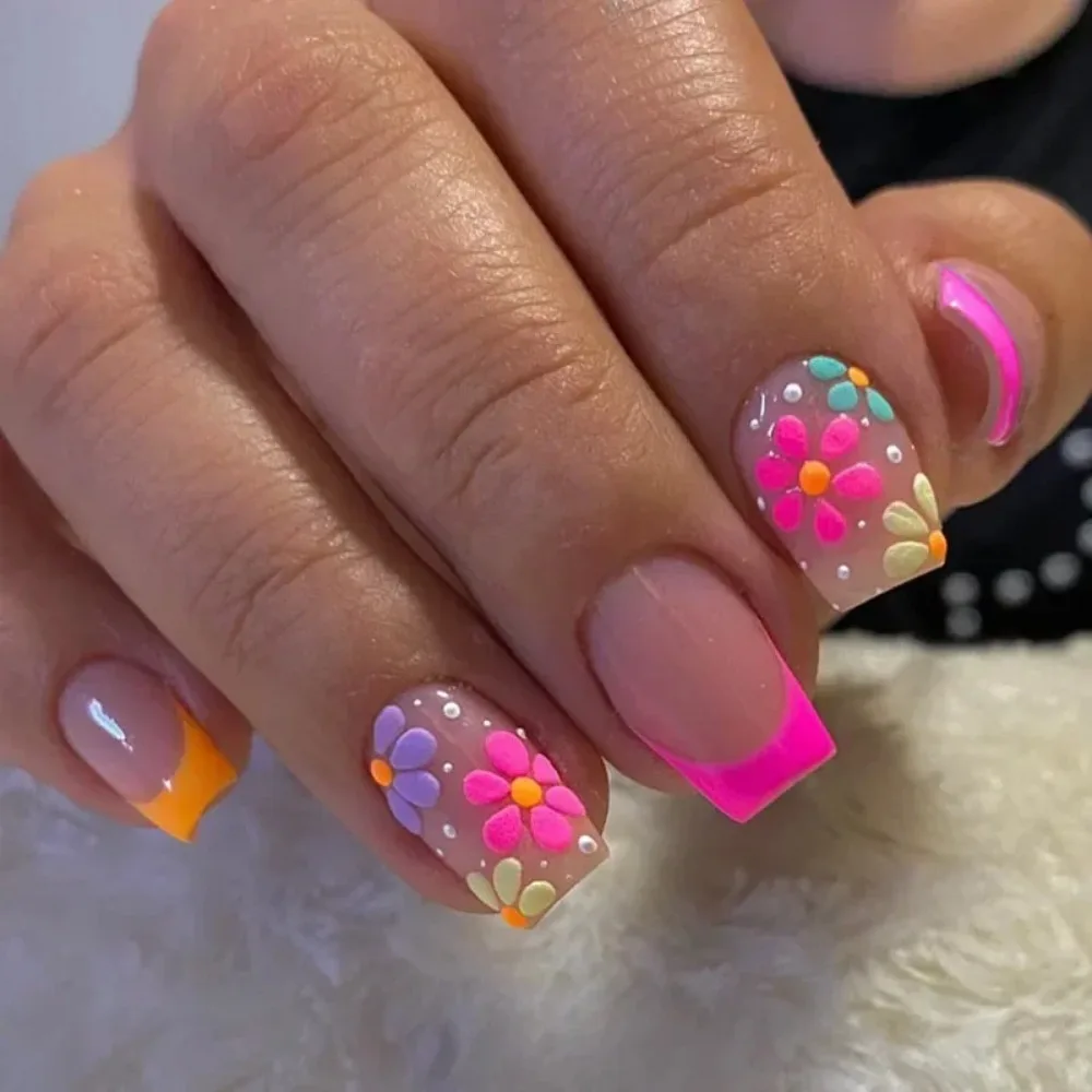 Short Square Press On Nails, Colorful French Tips with 3D Flower Print, Fresh Summer Reusable Fake Nails